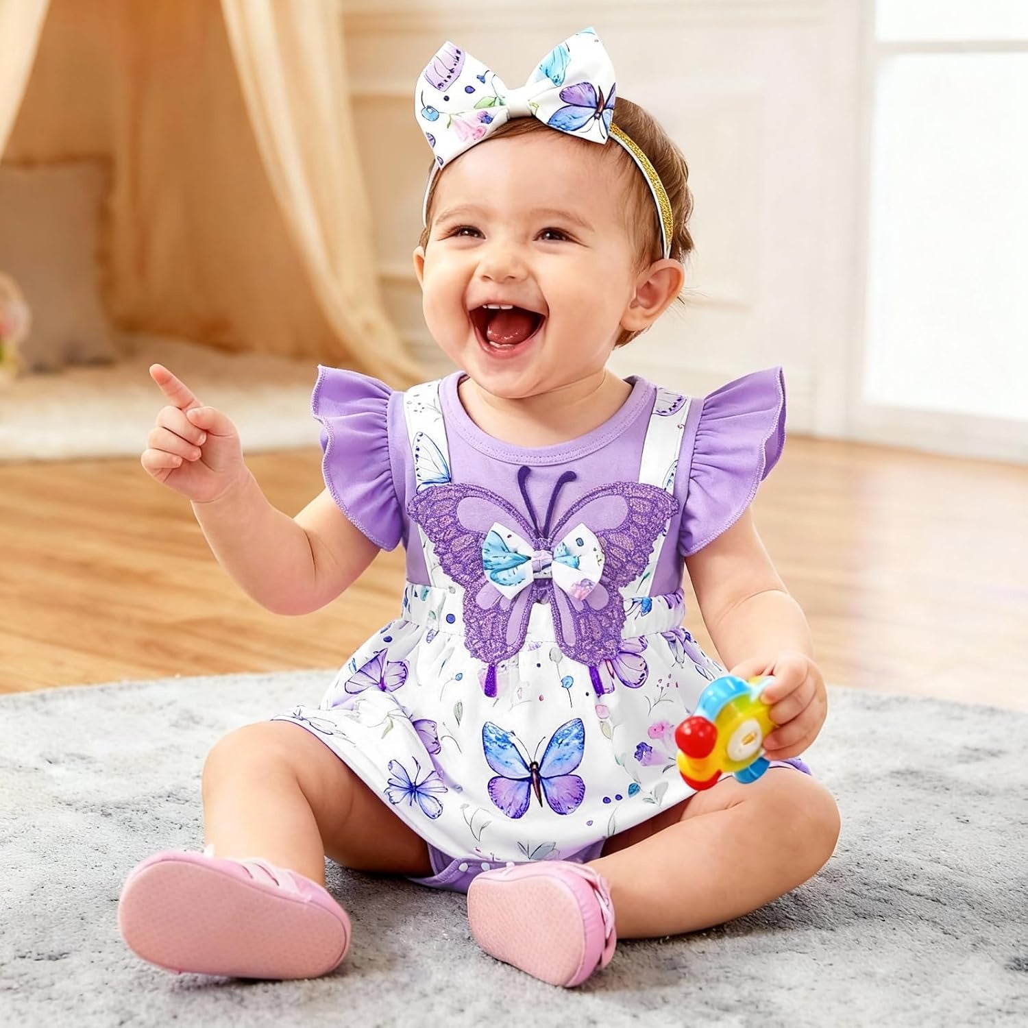 2PCS Cute Butterfly Print Sleeveless Baby Romper
