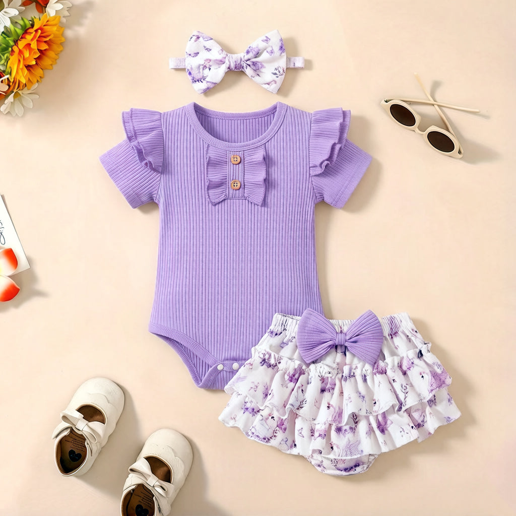 3PCS Adorable Floral Printed Baby Girl Set