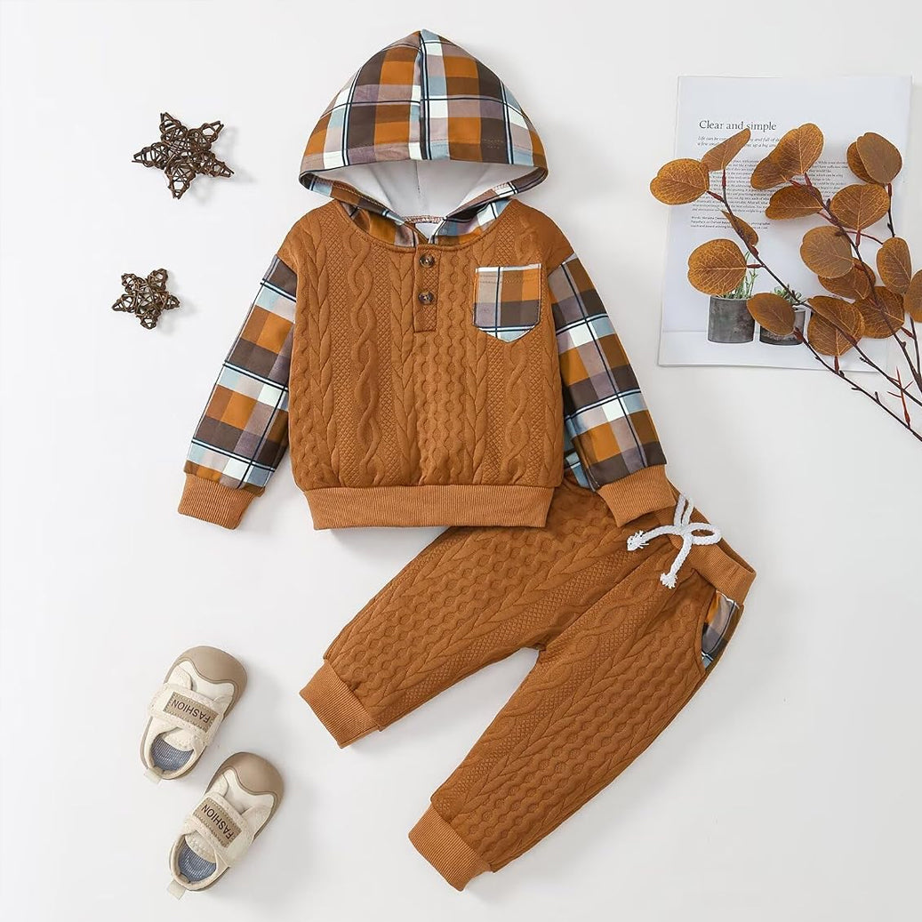 2PCS Vintage Plaid Print Long Sleeve Hoodie Baby Boy Set