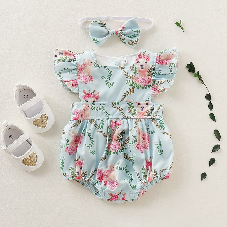 2PCS Sweet Floral Giraffe Print Flutter Sleeve Baby Girl Romper
