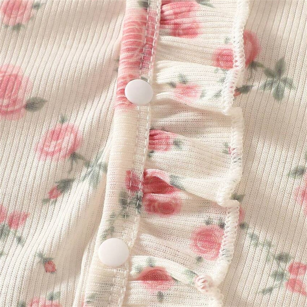 2PCS Comfy Floral Printed Ruffle Long Sleeve Baby Girl Jumpsuit
