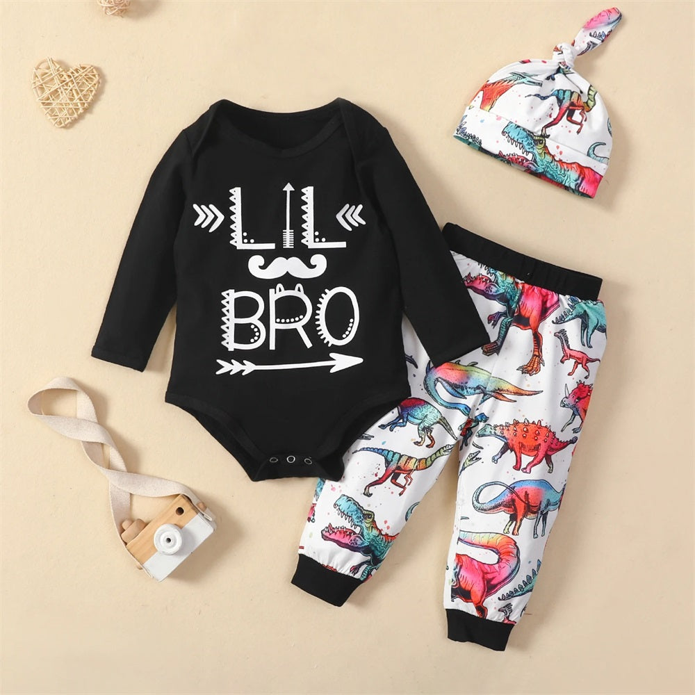 3PCS LIL BRO Letter Dinosaur Print Long Sleeve Baby Set