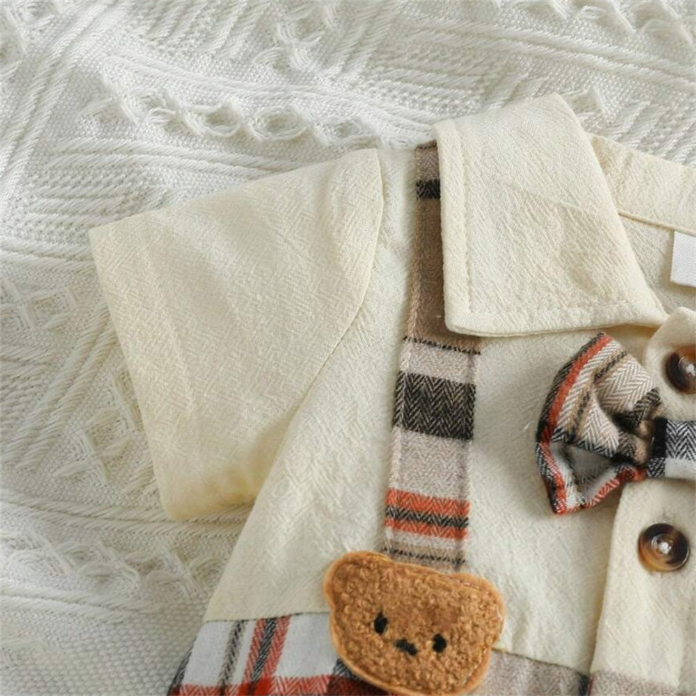 Adorable Bear Appliqué Plaid Print Short Sleeve Baby Jumpsuit