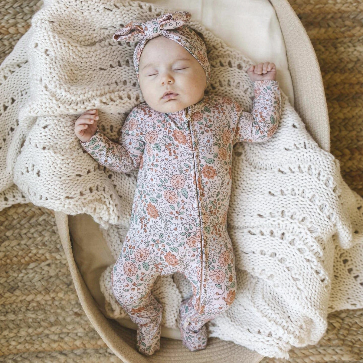 2PCS Vintage Bloom Print Long Sleeve Baby Girl Zipper Jumpsuit
