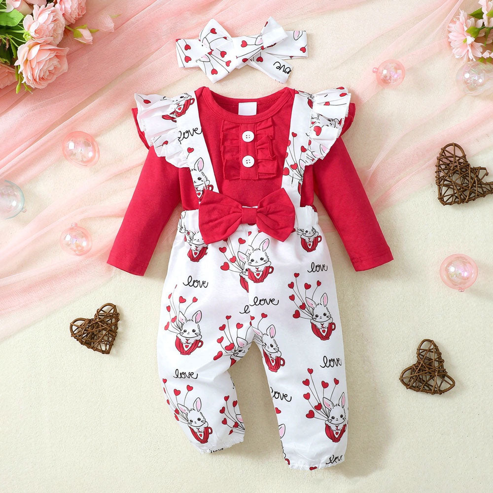 2PCS Lovely Letter and Heart Bunny Print Long Sleeve Baby Jumpsuit