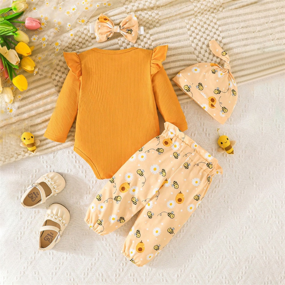 4PCS Three Bees Letter Bee Print Long Sleeve Baby Set