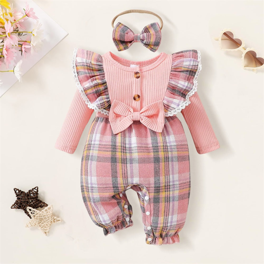 2PCS Sweet Plaid Print Ruffle Long Sleeve Baby Jumpsuit