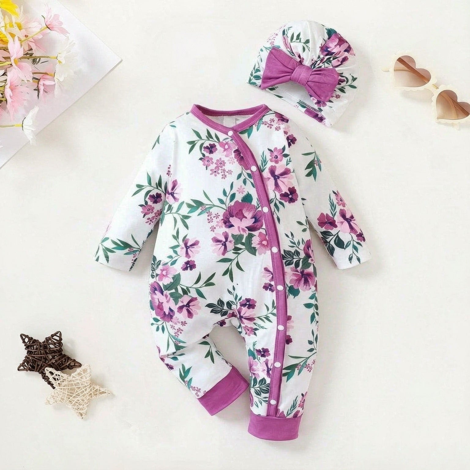 2PCS Casual Floral Printed Long Sleeve Baby Jumpsuit with Hat