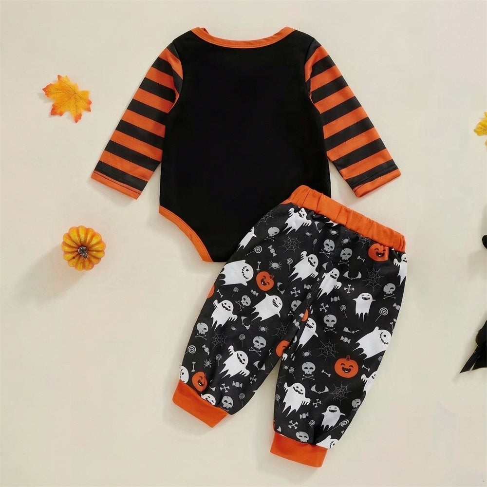 2PCS Happy Boo Halloween Letter Ghost Pumpkin Print Baby Set