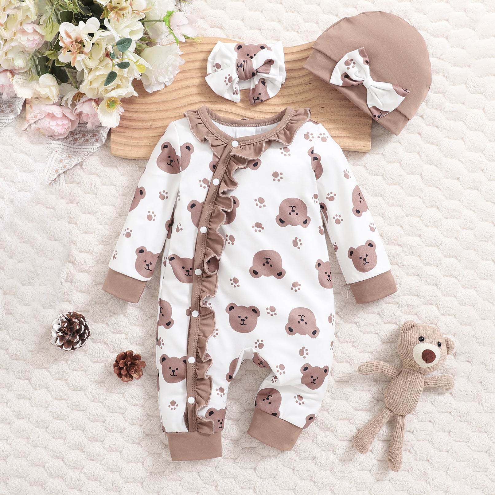 3PCS Adorable Bear & Paw Print Long Sleeve Baby Jumpsuit