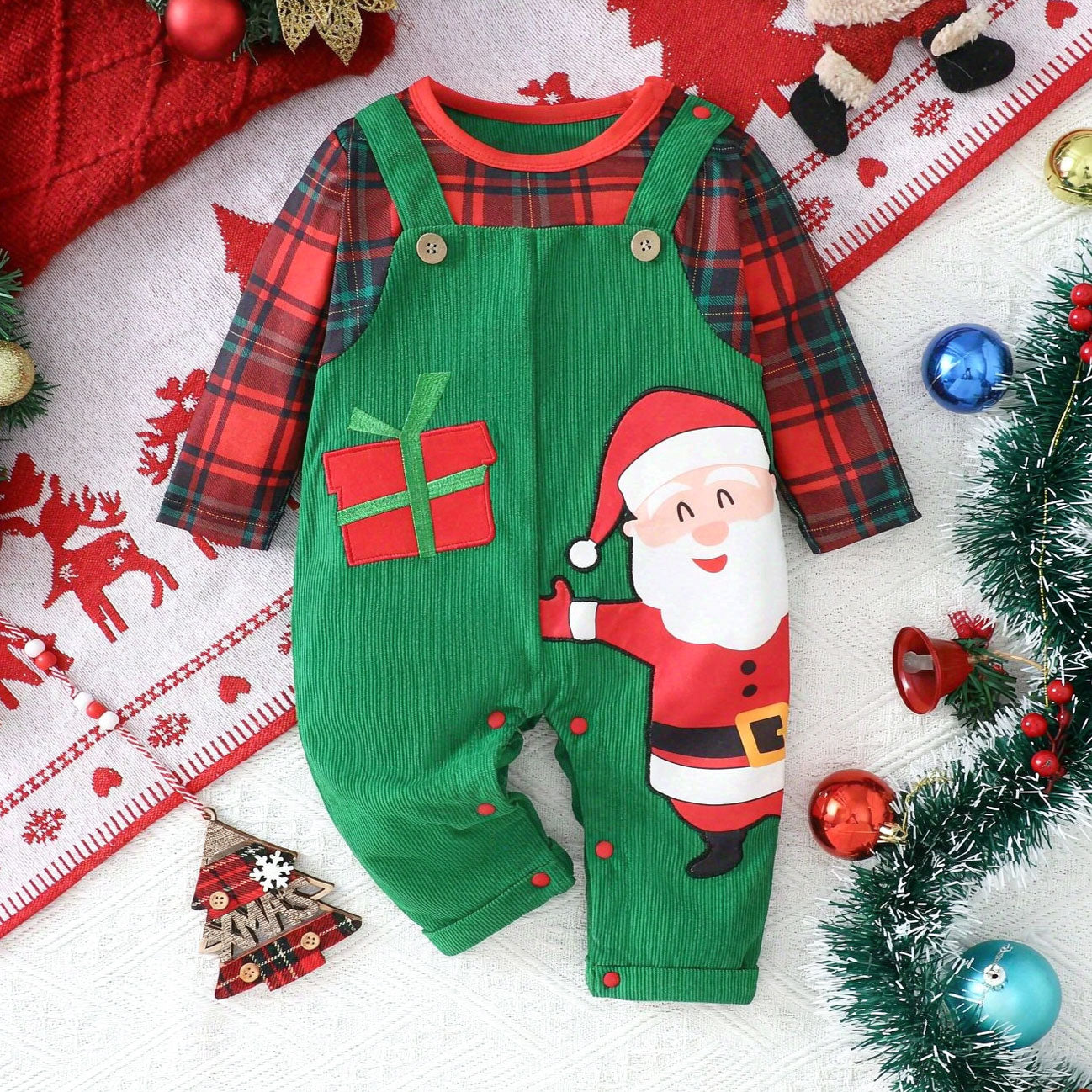 Christmas Santa Claus Plaid Print Long Sleeve Baby Jumpsuit