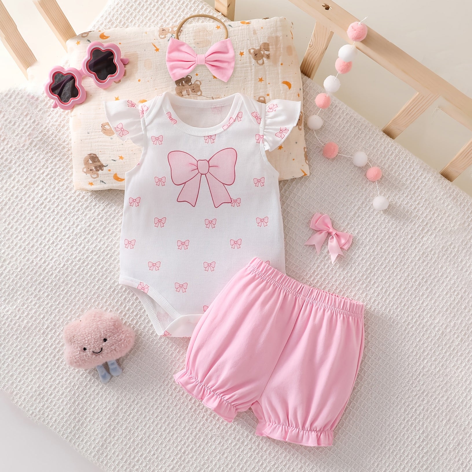 3PCS Charming Bow Print Flounce Sleeve Baby Set
