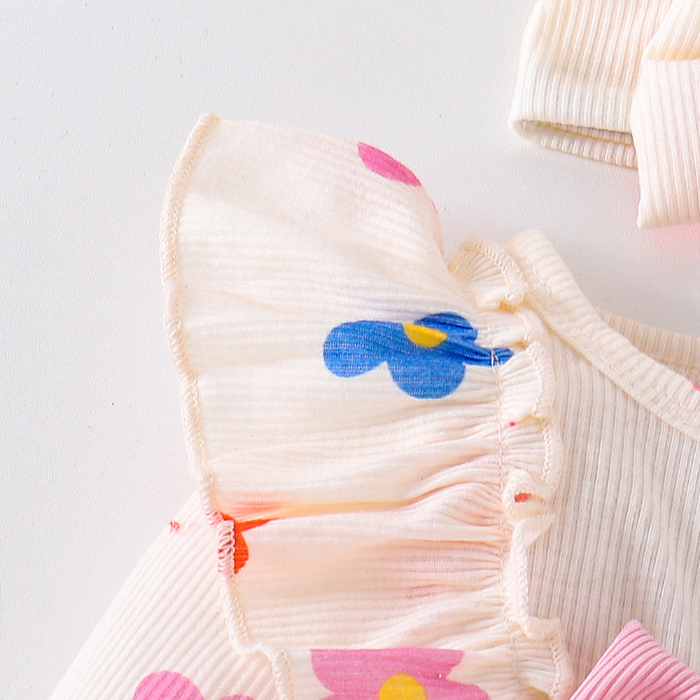 3PCS Graceful Floral Printed Bow Baby Girl Romper