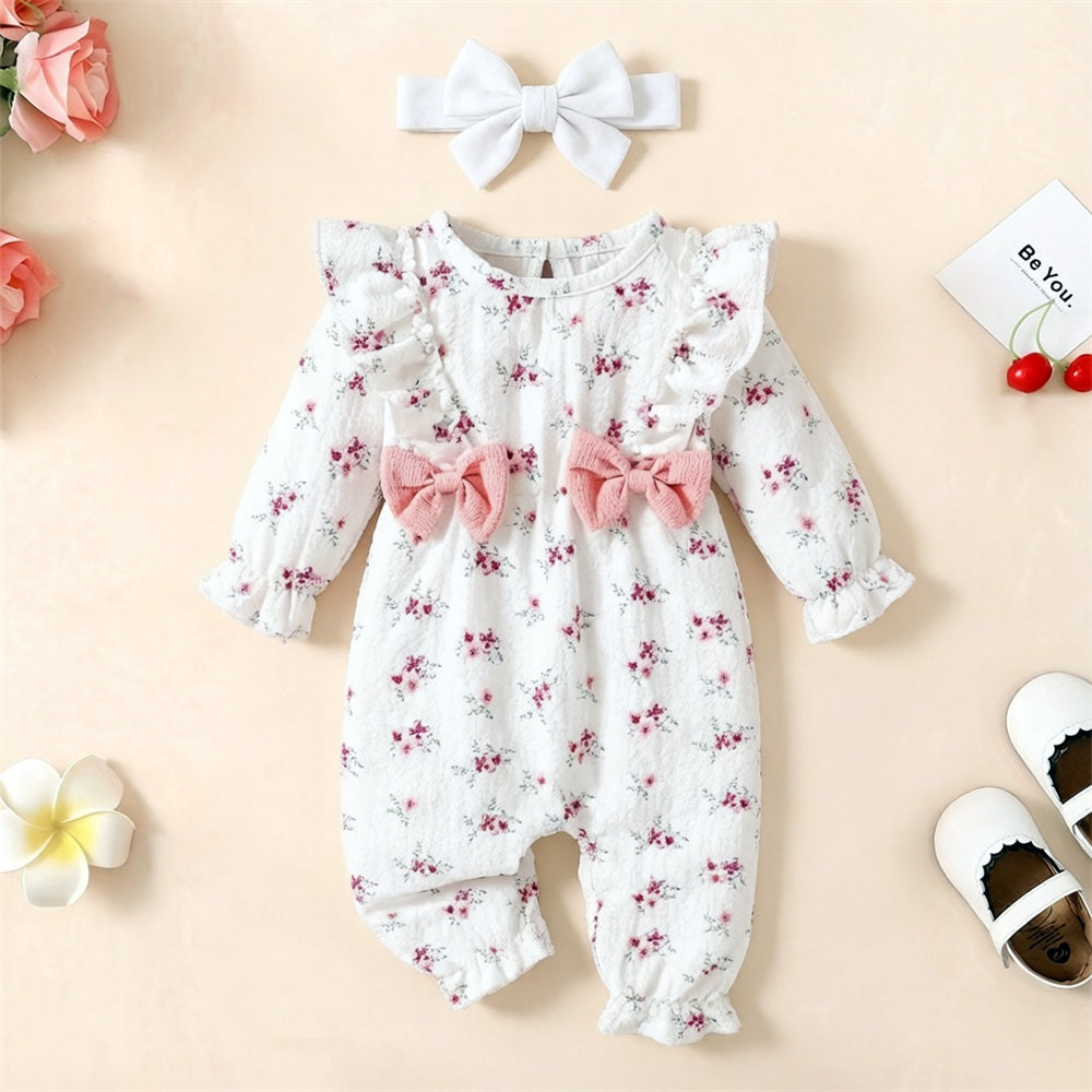 2PCS Cheerful Floral Print Ruffle Long Sleeve Baby Jumpsuit