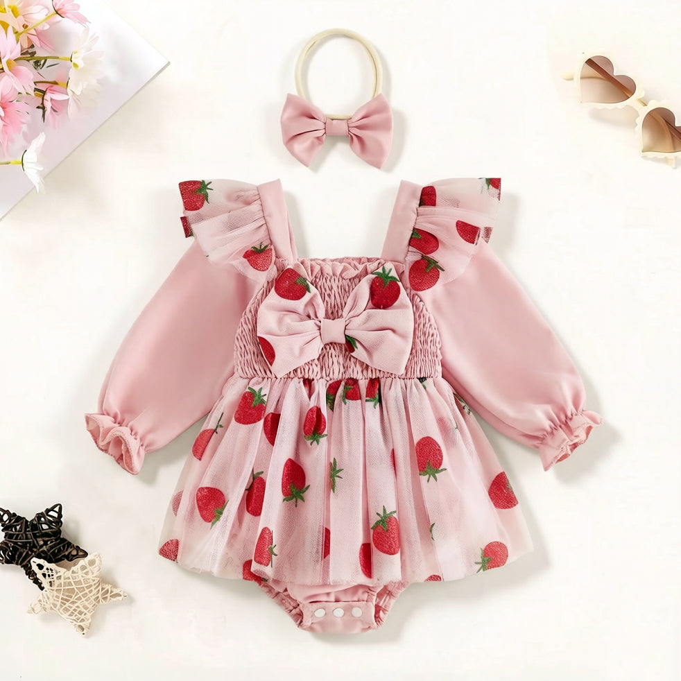 2PCS Pretty Strawberry Print Tulle Long Sleeve Baby Romper