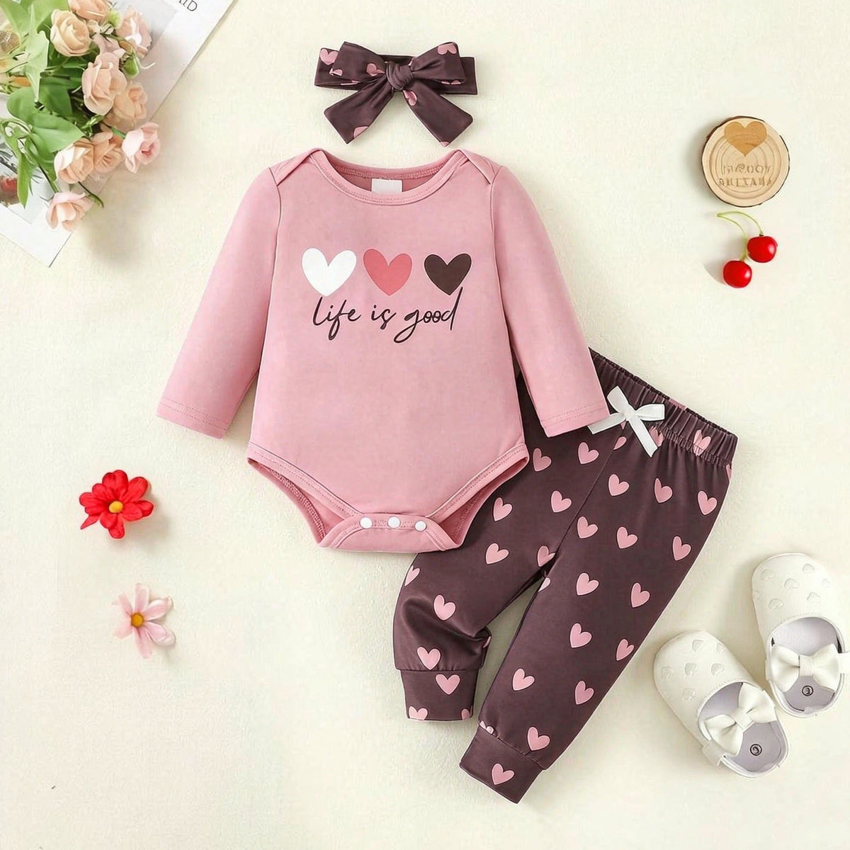 3PCS Cute Life Is Good Letter Heart Printed Baby Set