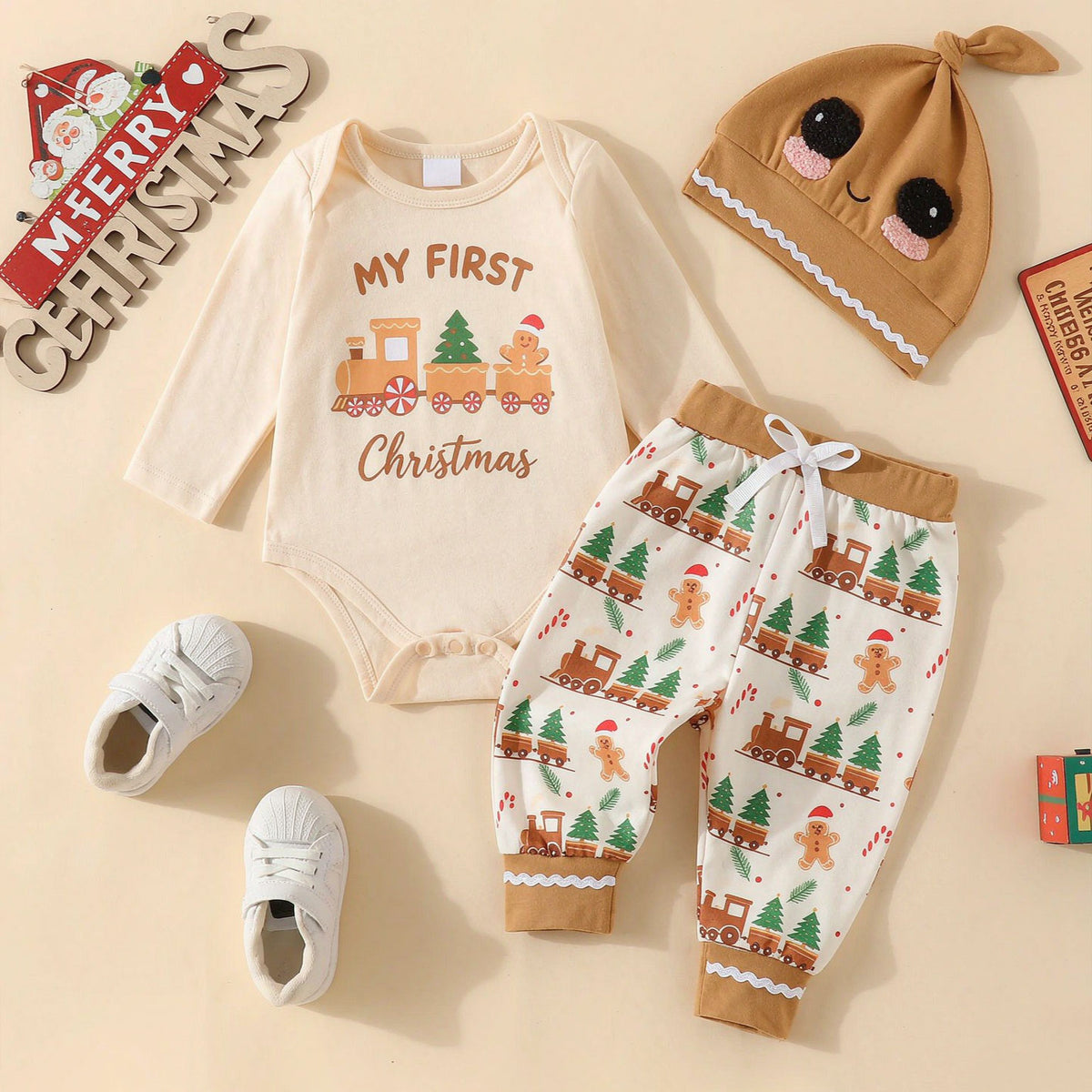 3PCS My First Christmas Letter Gingerbread Printed Long Sleeve Baby Set