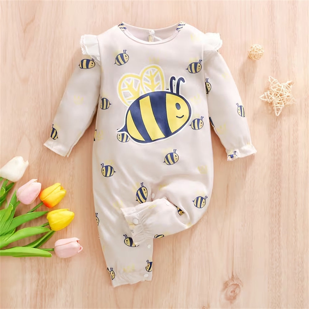 Casual Bee Print Long Sleeve Baby Girl Jumpsuit
