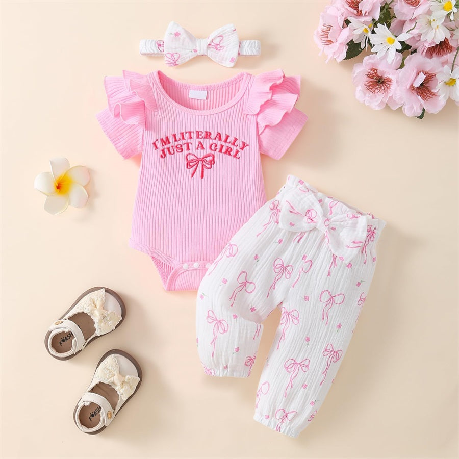 3PCS Letter Embroidery Bow Printed Short Sleeve Baby Set