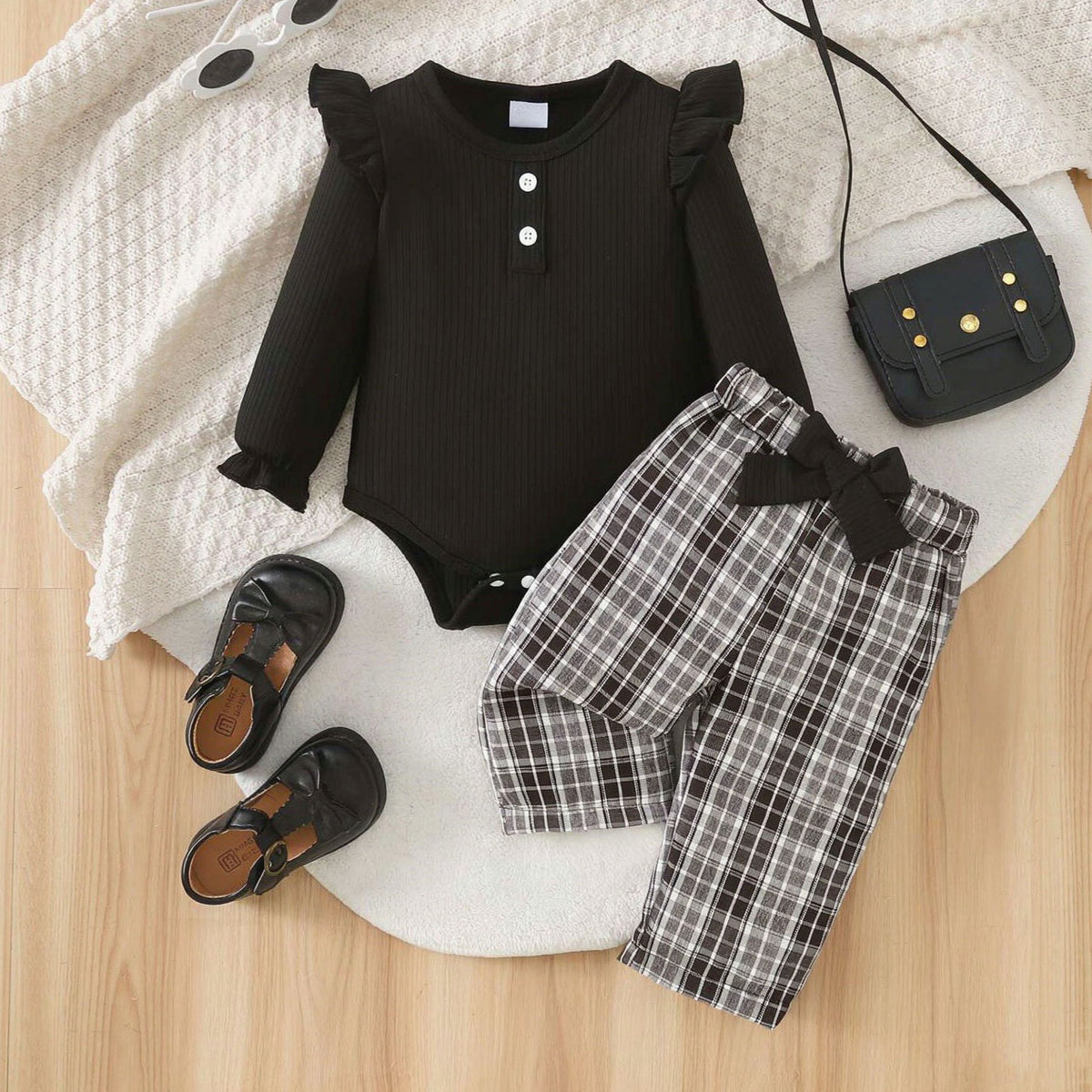2PCS Chic Plaid Printed Bow Long Sleeve Baby Girl Set