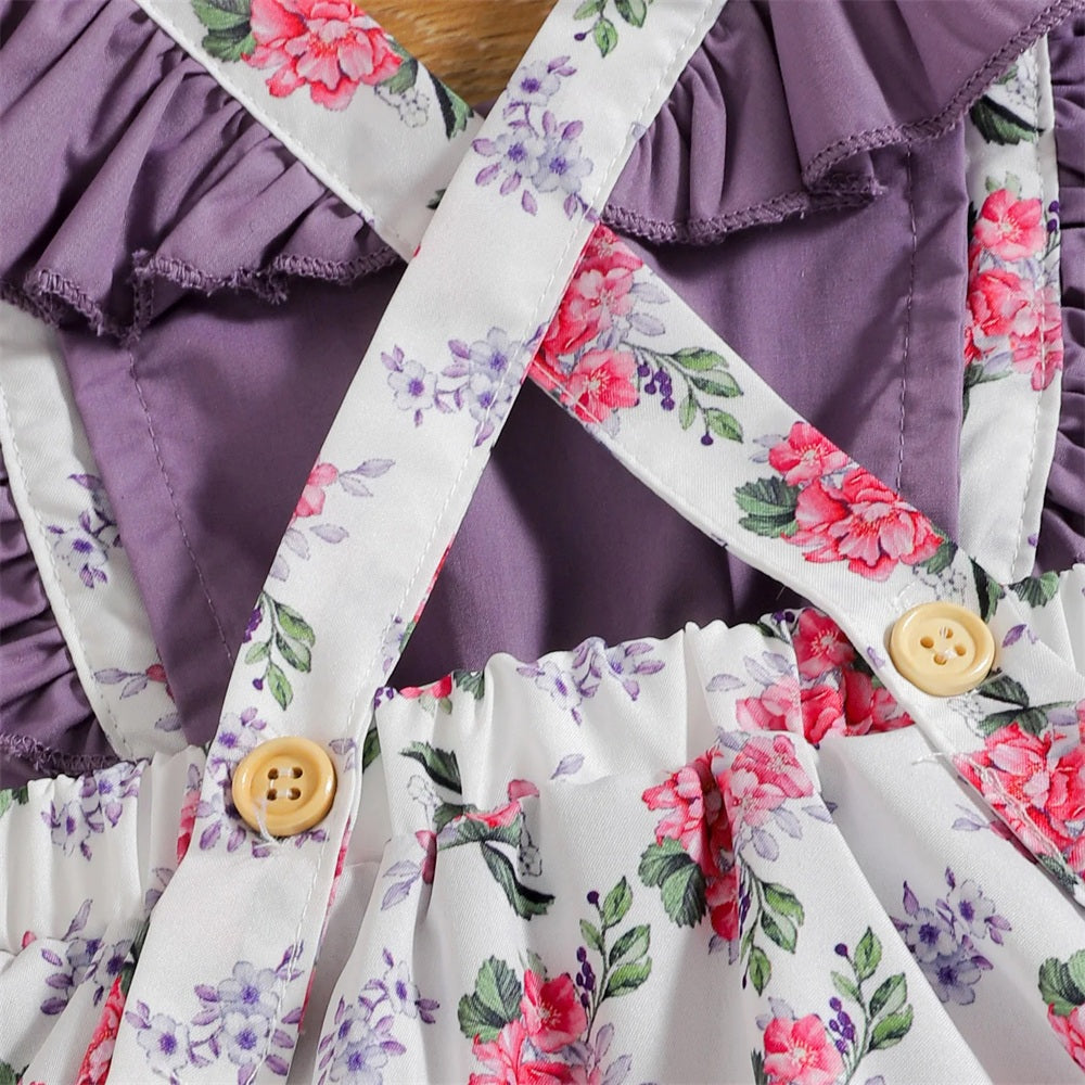 2PCS Cute Floral Print Flutter Sleeve Baby Girl Romper