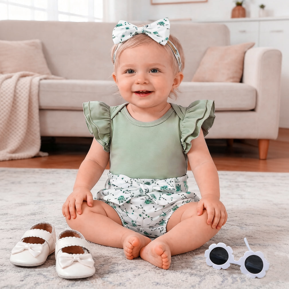 3PCS Fresh Floral Printed Bowknot Flounce Sleeve Baby Set