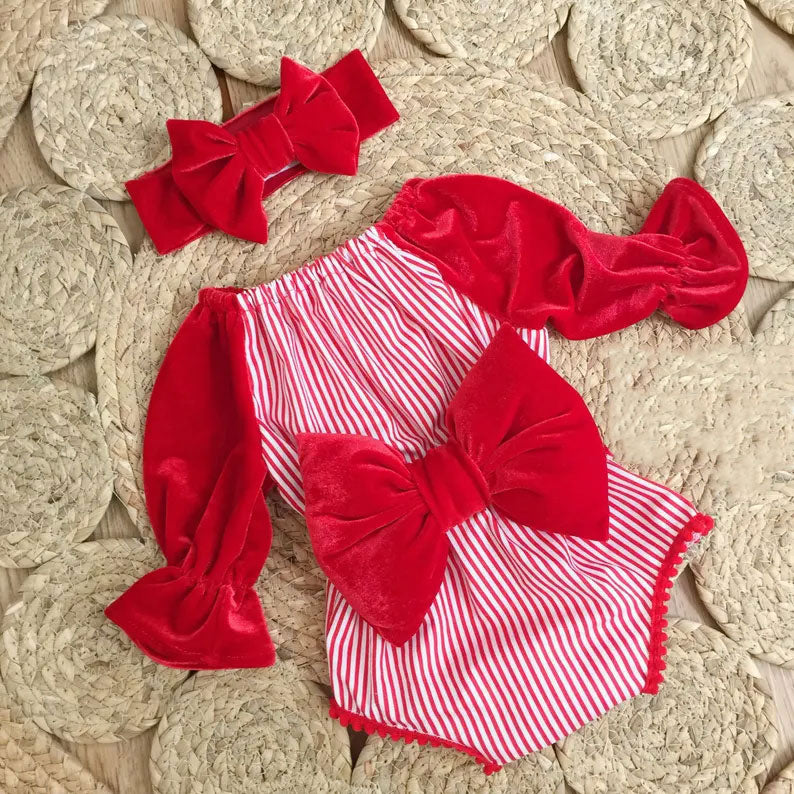 2PCS Chic Red Velvet Stripe Printed Bow Long Sleeve Baby Romper