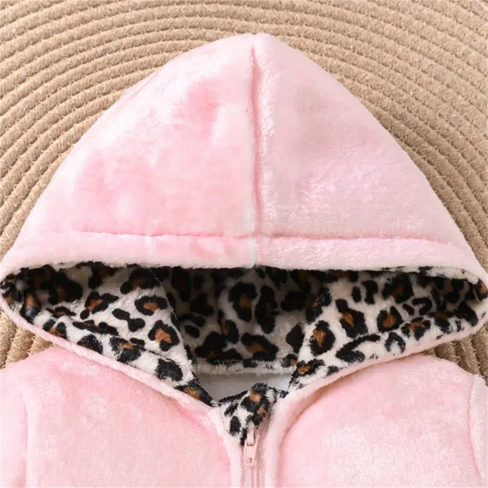 Pink Leopard Bow Print Hooded Long Sleeve Plush Baby Jumpsuit