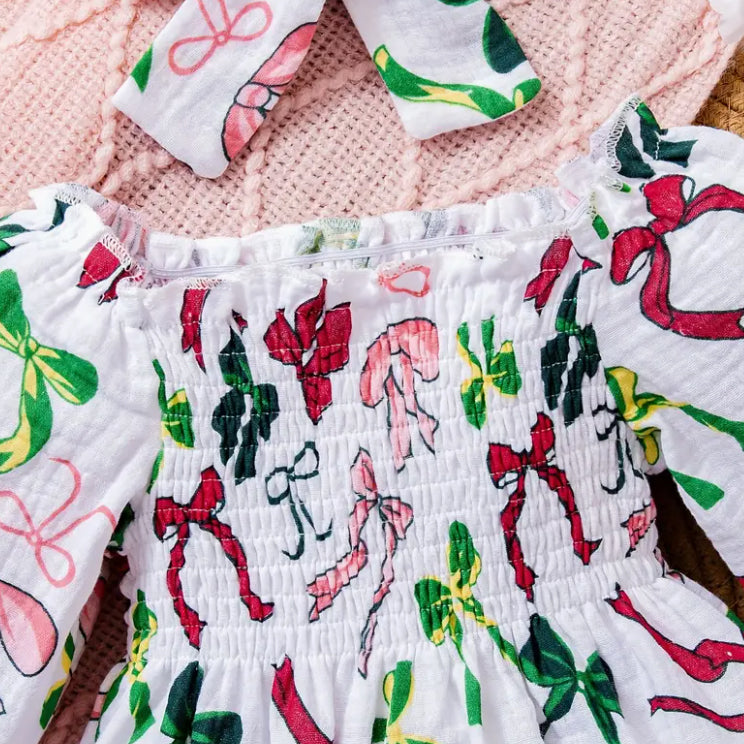 2PCS Bow Printed Long Sleeve Baby Romper
