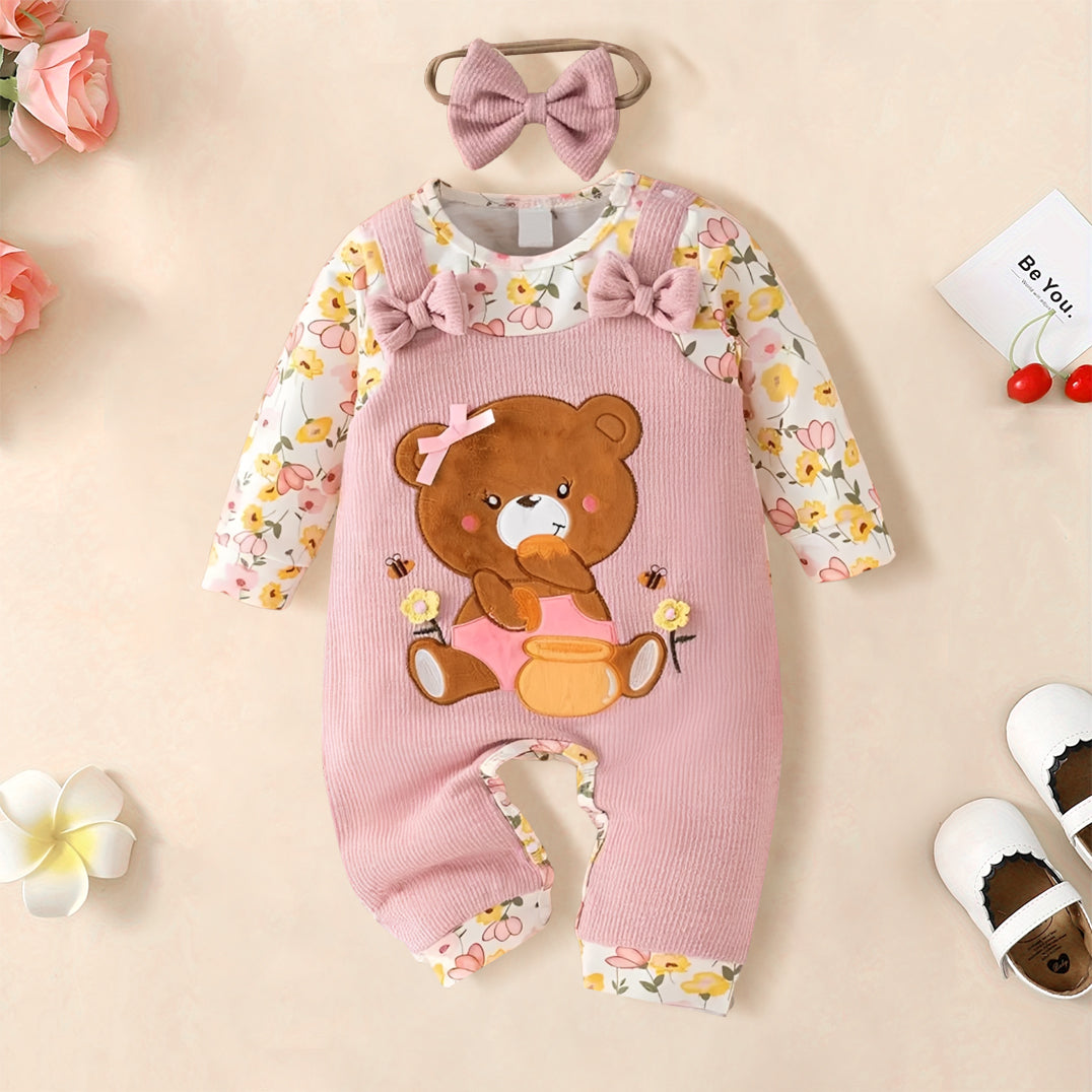 2PCS Bear Floral Printed Long Sleeve Baby Jumpsuit