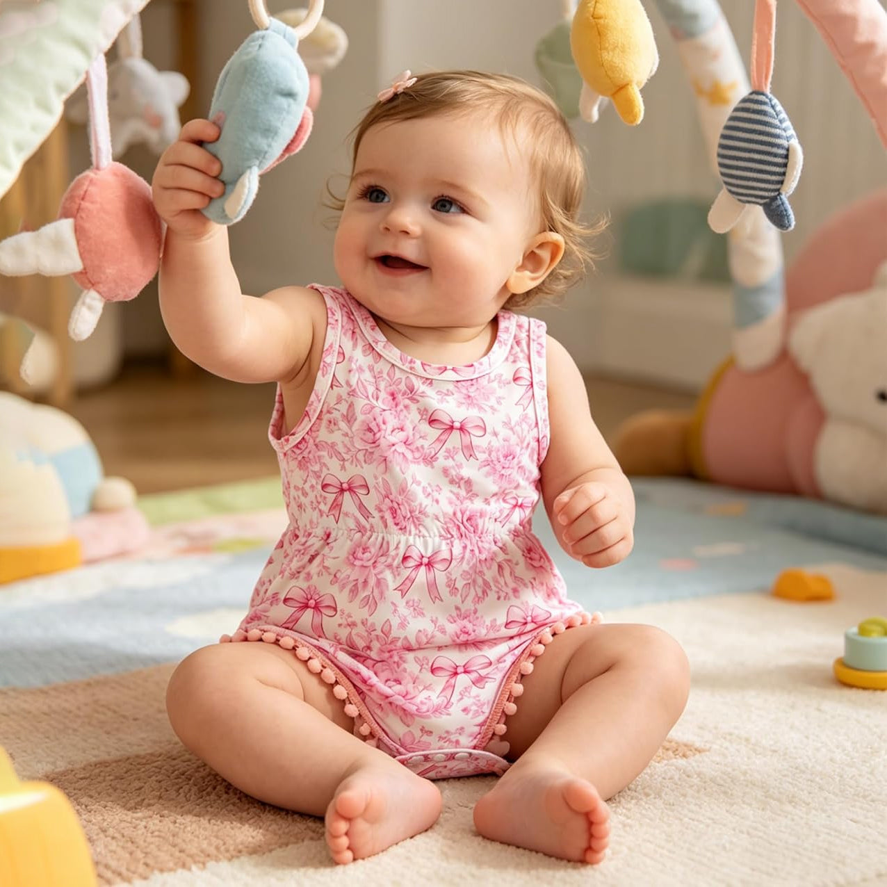 2PCS Grace Bow & Floral Printed Sleeveless Baby Romper