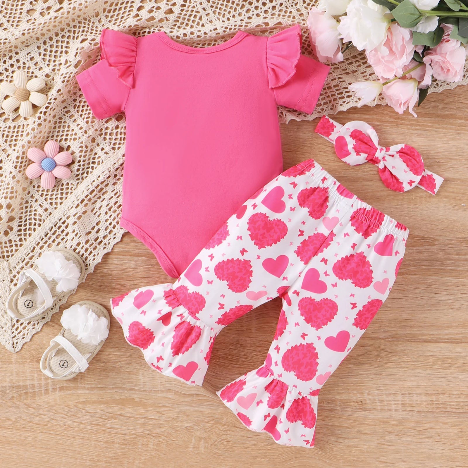 3PCS Daddy's Girl Letter Heart Print Short Sleeve Baby Set