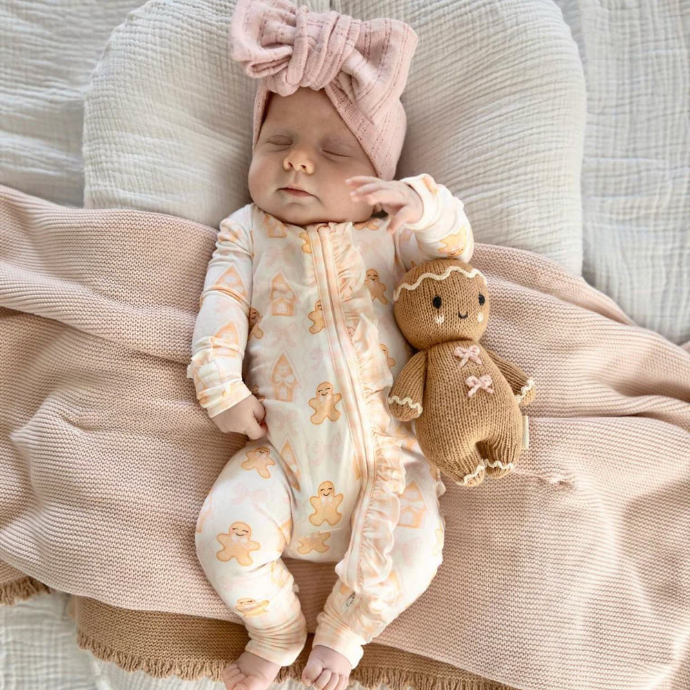Baby Girl Gingerbread Man Bow Print Long Sleeve Zipper Jumpsuit
