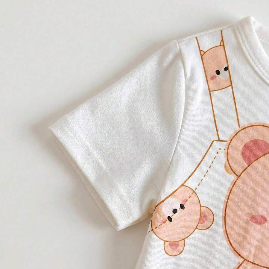 Lovely Teddy Bear Print Short Sleeve Baby Jumpsuit