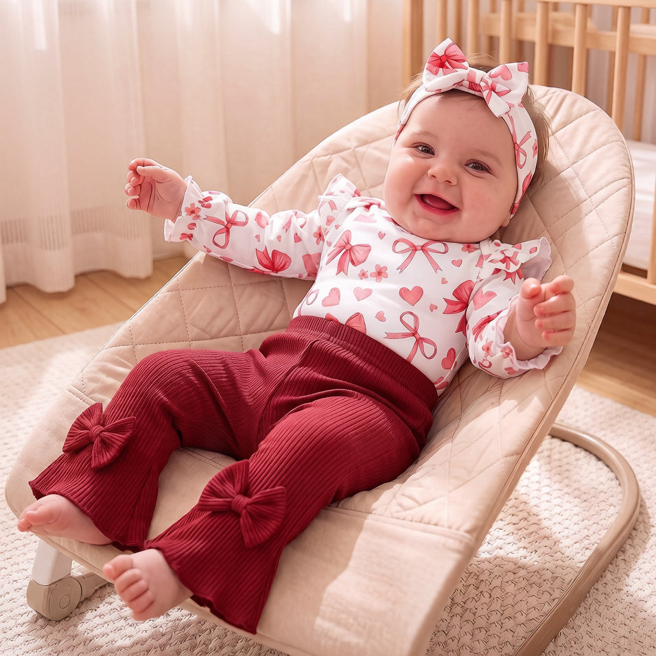 3PCS Pretty Bow and Heart Print Long Sleeve Baby Girl Set
