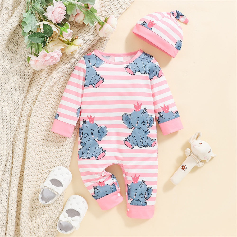 2PCS Lovely Elephant Print Striped Long Sleeve Baby Jumpsuit
