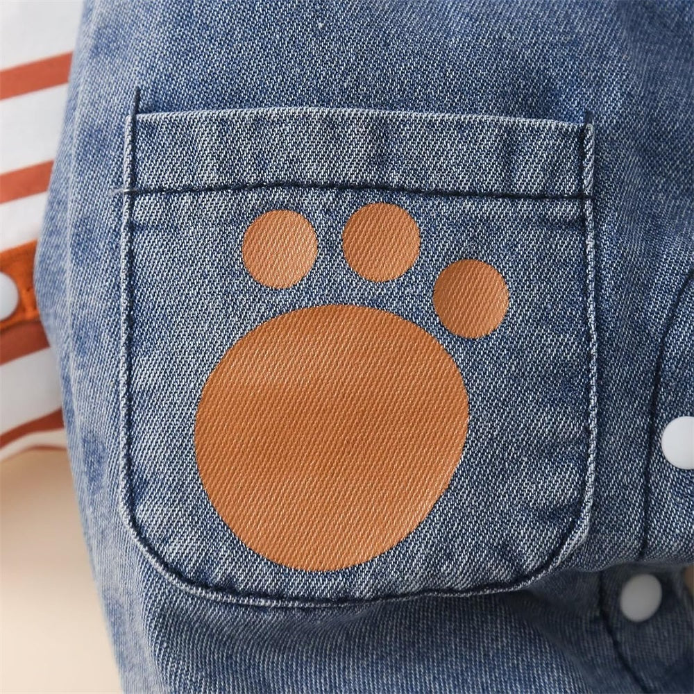 2PCS Casual Bear Print Long Sleeve Denim Overalls Baby Set