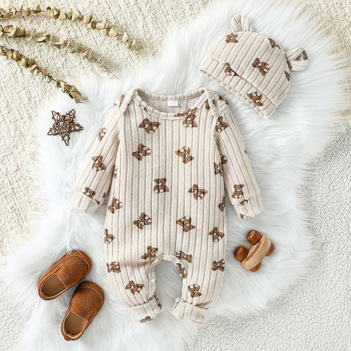 2PCS Stylish Bear Print Long Sleeve Baby Jumpsuit