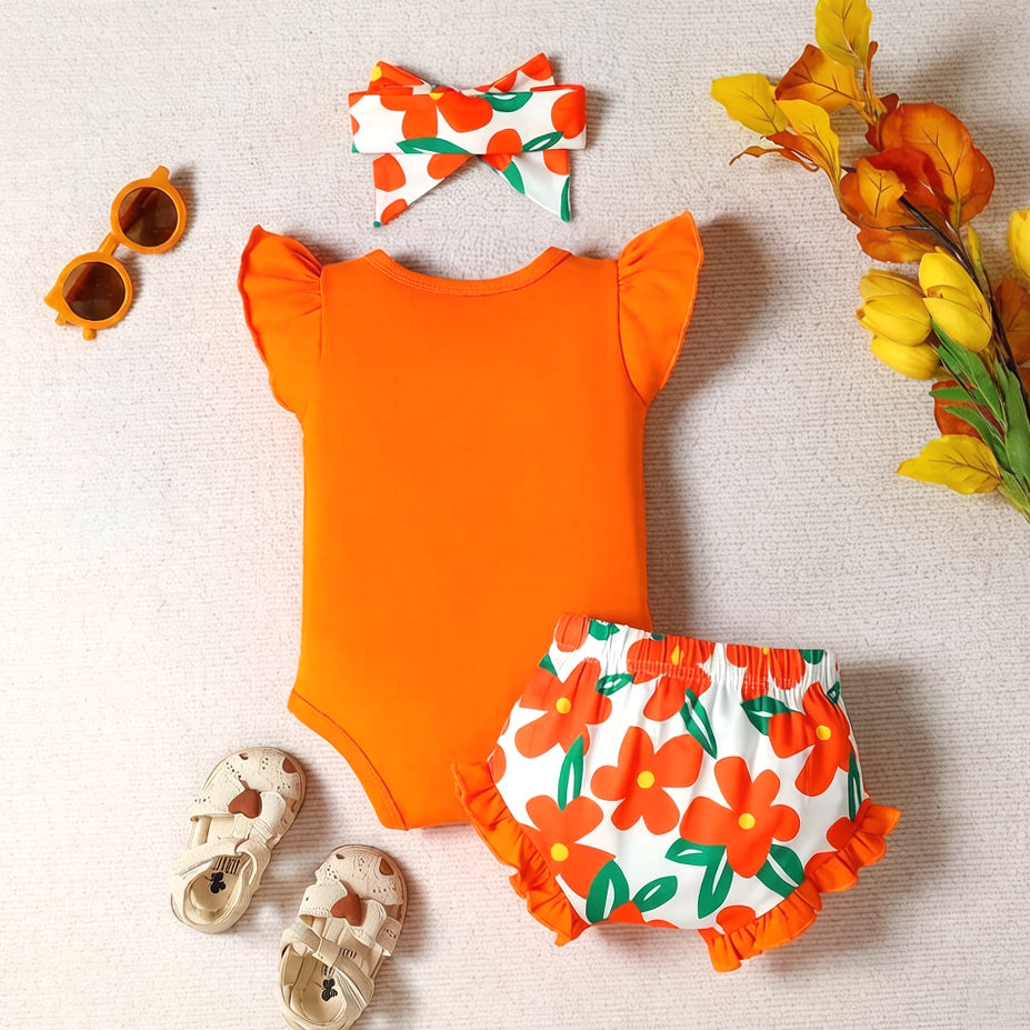3PCS Mommy's Little Girl Letter Floral Print Flutter Sleeve Baby Set