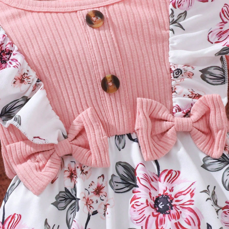 2PCS Delightful Floral Printed Ruffle Baby Jumpsuit