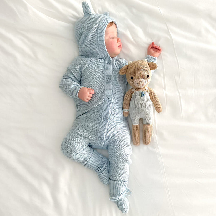 Solid Color Knit 3D Ear Hooded Baby Jumpsuit