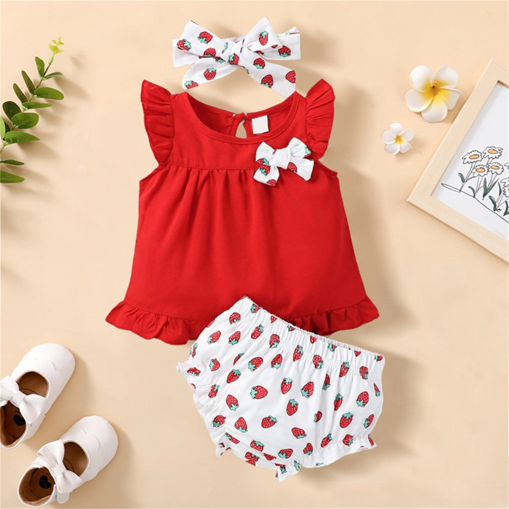 3PCS Cute Strawberry Printed Frill Trim Sleeveless Baby Set