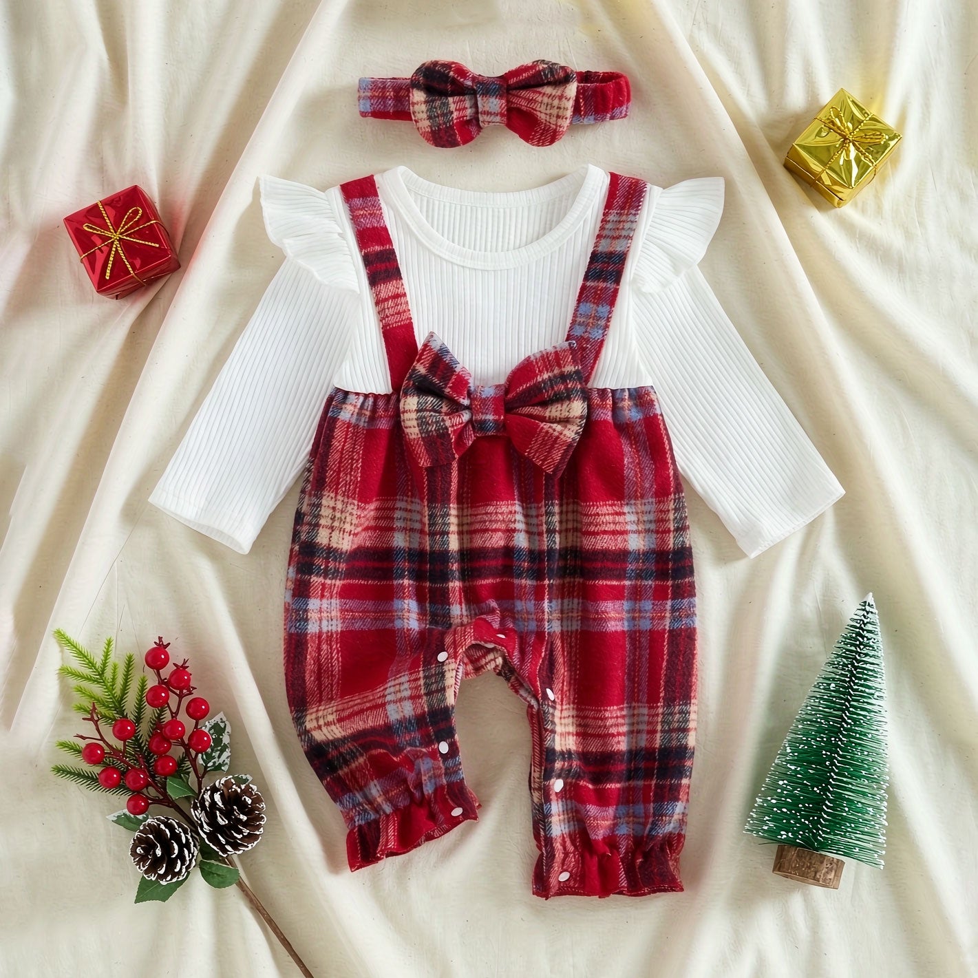 2PCS Chic Color Block Plaid Printed Long Sleeve Baby Girl Jumpsuit
