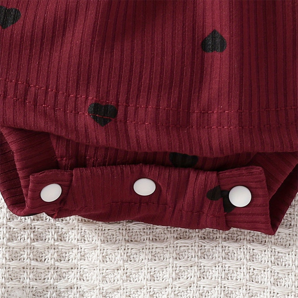 2PCS Cute Heart Print Ruffle Shoulder Long Sleeve Baby Romper