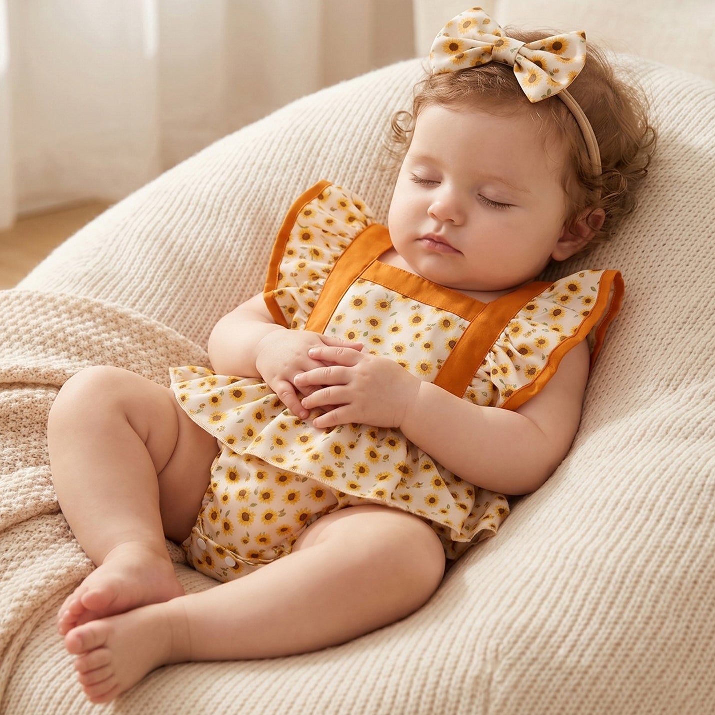 2PCS Playful Sunflower Print Flutter Sleeve Baby Romper