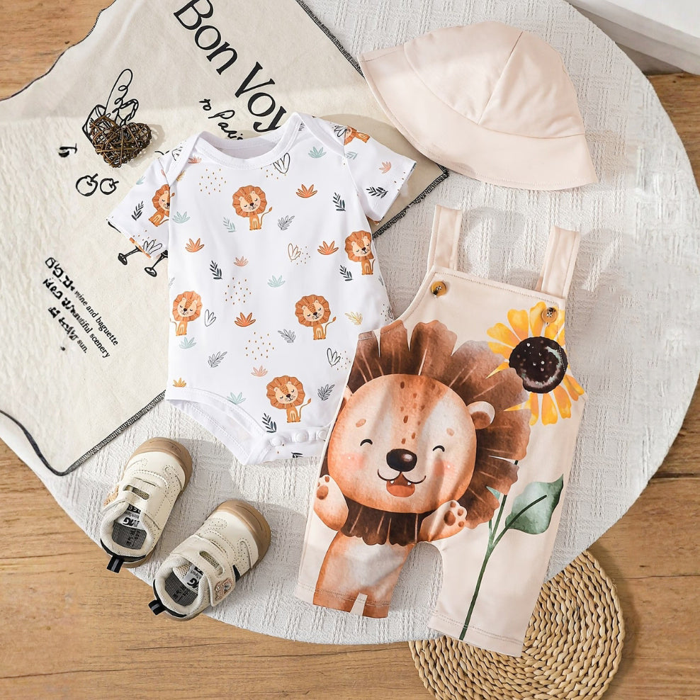 3PCS Casual Lion Print Short Sleeve Baby Overalls Set