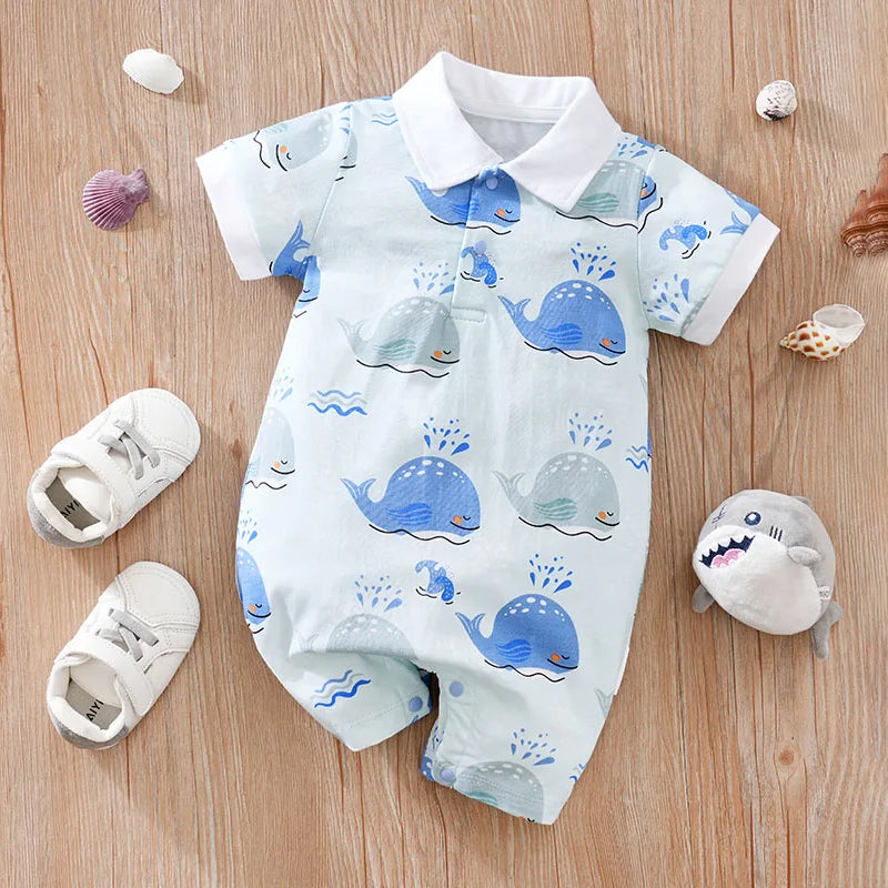 Cute Whale Printed Short Sleeve Polo Collar Baby Jumpsuit