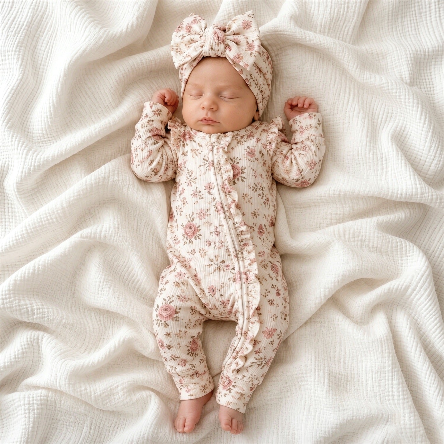 2PCS Gorgeous Floral Printed Ruffle Zipper Baby Girl Jumpsuit