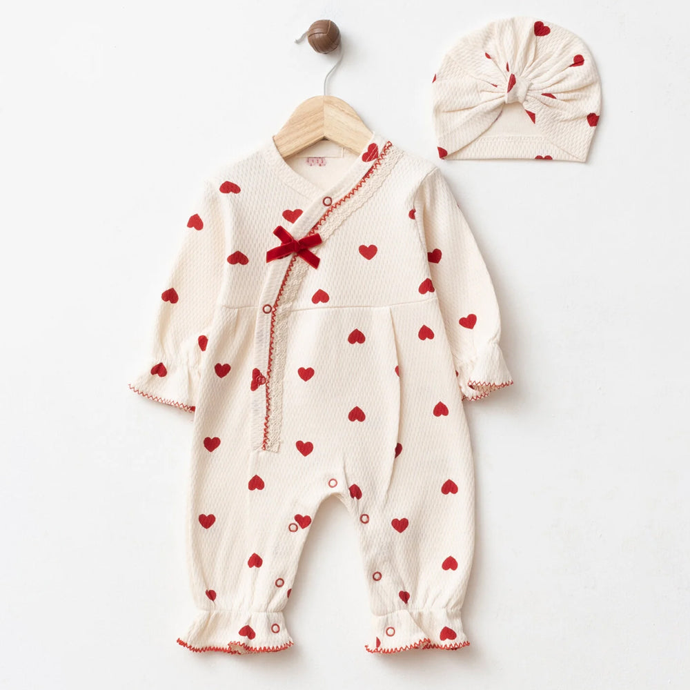 2PCS Delightful Heart Print Long Sleeve Ruffle Baby Jumpsuit