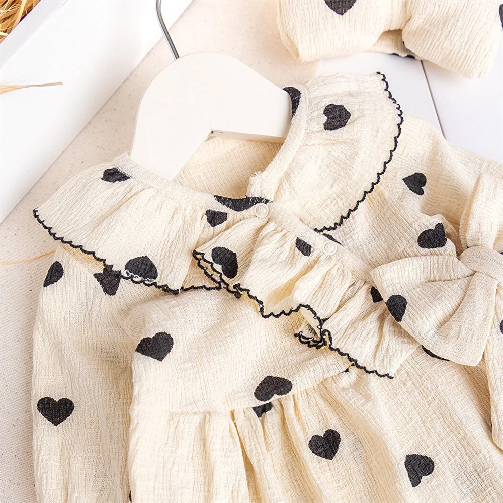 2PCS Grace Heart Print Ruffle Decor Long Sleeve Baby Jumpsuit